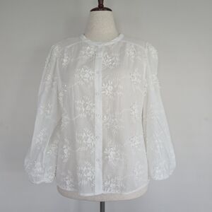 Alice Blue White Floral Embroidered Button-Front Blouse Size XL
